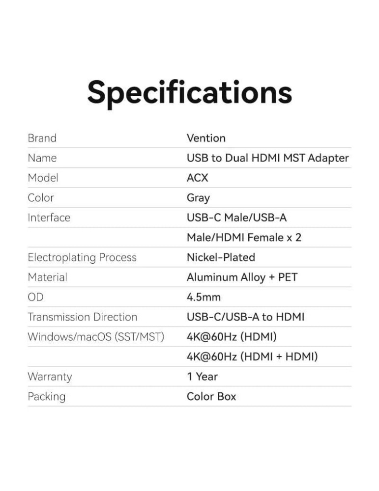Conversor Vention ACXHB/ USB Tipo-C Macho/ USB Macho - 2x HDMI Hembra/ 15cm/ Gris