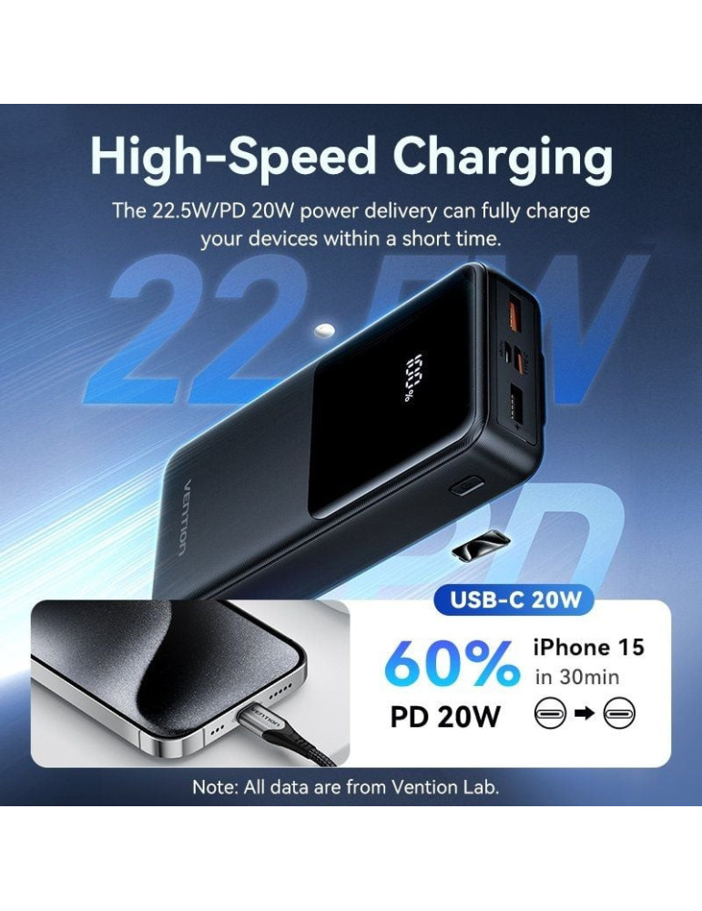 Powerbank 20000mAh Vention FHPB0/ 22.5W/ Negra/ Incluye Cable USB Tipo-C y Lightning