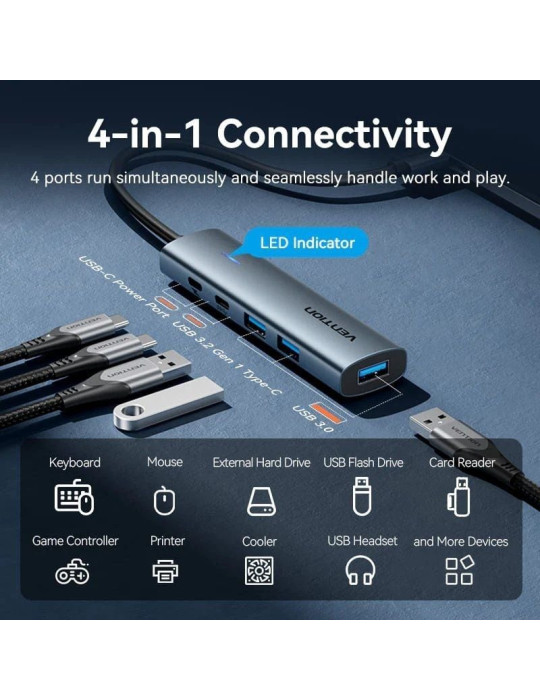 Hub USB 3.0 Vention TGXHB/ 1xUSB Tipo-C/ 3xUSB/ 1xUSB Tipo-C PD/ Gris