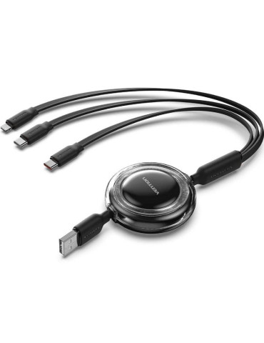 Cable USB Retráctil Vention TRJBBE/ USB Macho - Lightning/ 2xUSB Tipo-C/ Hasta 17.5W/ 10Gbps/ 1.1m/ Negro