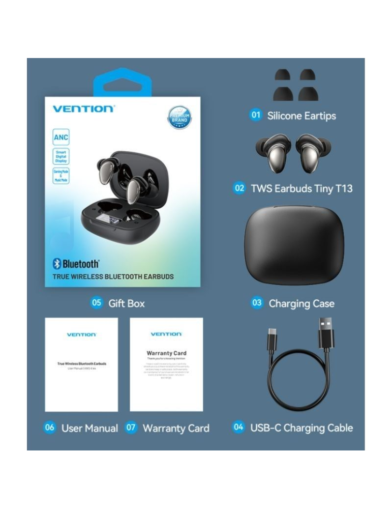 Auriculares Bluetooth Vention Tiny T13 NBNB0 con estuche de carga/ Autonomía 6h/ Negros