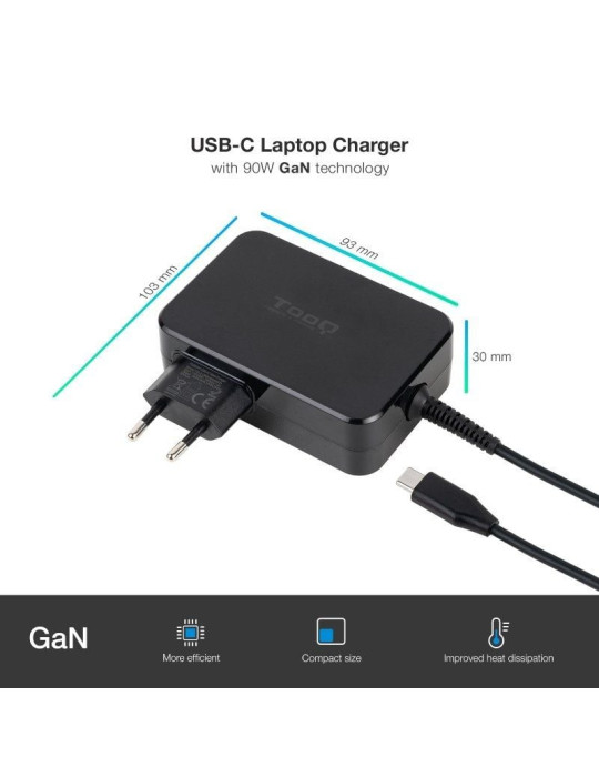 Cargador de Portátil GaN TooQ TQLC-USBCGAN90PD USB Tipo-C/ 90W/ Automático/ Voltaje 5-20V