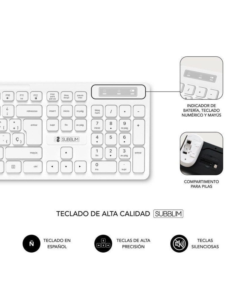 Teclado y Ratón Subblim Combo Business Slim Silencioso Inalámbrico/ Blanco