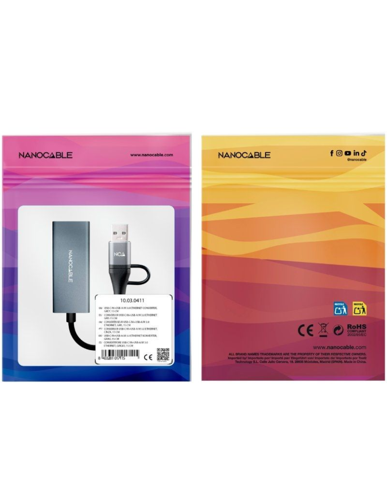 Adaptador USB Macho + USB Tipo-C Macho - RJ45 Nanocable 10.03.0411/ 1000Mbps