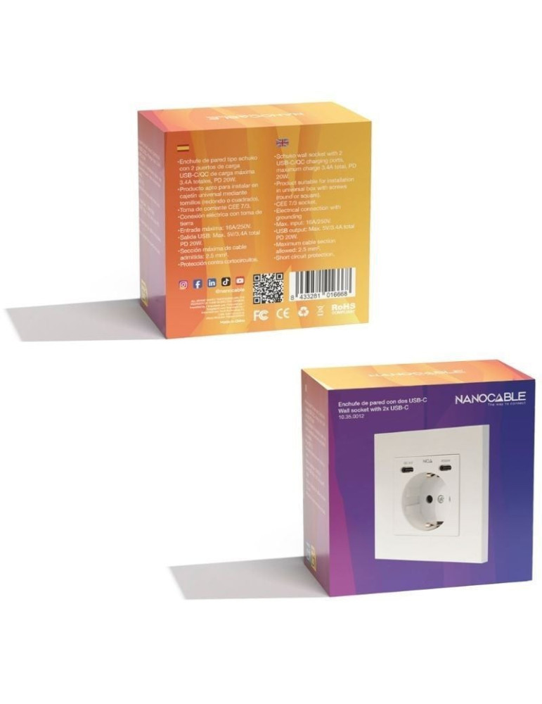 Roseta de Pared Nanocable 10 35 0012/ 1 Schuko/ 2 USB