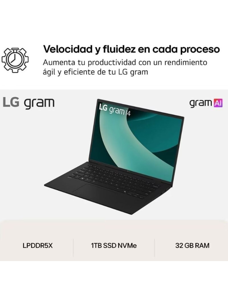 Portátil LG Gram 14ZD90T-G.AX88B Intel Core Ultra 7-255H/ 32GB/ 1TB SSD/ 14"/ Sin Sistema Operativo