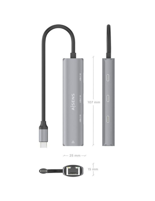 Hub USB Tipo-C Aisens ASUC-4P041-GR/ 3xUSB Tipo-C/ 1xRJ45/ Gris