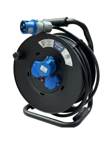 Regleta enrollable Phasak BN 3478/ 2 Tomas de corriente/ 1 Enchufe industrial 2P+TT/ Cable 40m/ Negro y Azul