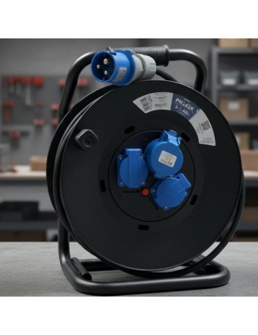 Regleta enrollable Phasak BN 3478/ 2 Tomas de corriente/ 1 Enchufe industrial 2P+TT/ Cable 40m/ Negro y Azul 2