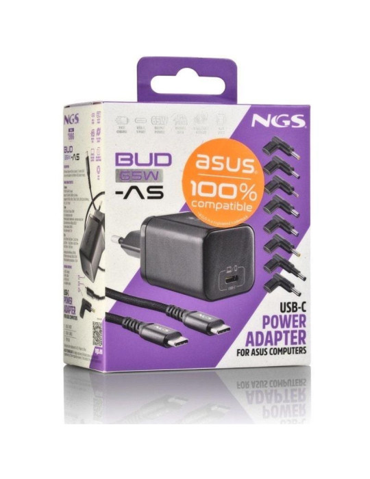 Cargador GaN de Portátil NGS BUD65W-AS para Asus/ 1xUSB Tipo-C/ 65W/ Automático/ 8 Conectores/ Voltaje 5-20V