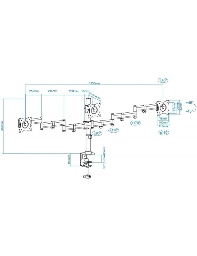 Soporte de Mesa para 3 Monitores TooQ DB1327TN-B/ Giratorio/ Inclinable/ hasta 8kg