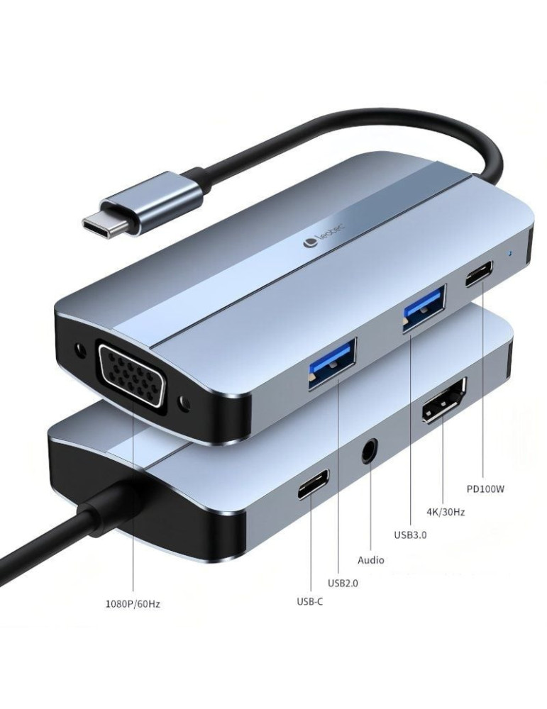 Docking USB Tipo-C Leotec LEDS04/ 2xUSB/ 1xUSB Tipo-C/ 1xUSB Tipo-C PD/ 1xHDMI 4K/ 1xVGA/ 1xAudio/ Azul