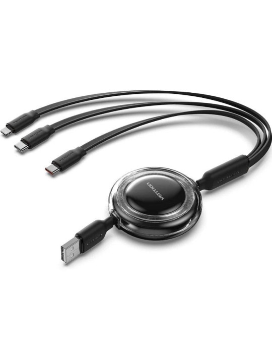 Cable USB Retráctil Vention TRJBBE/ USB Macho - Lightning/ 2xUSB Tipo-C/ Hasta 17.5W/ 10Gbps/ 1.1m/ Negro