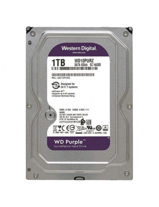 Disco Duro Western Digital WD Purple Surveillance 1TB/ 3.5"/ SATA III/ 64MB