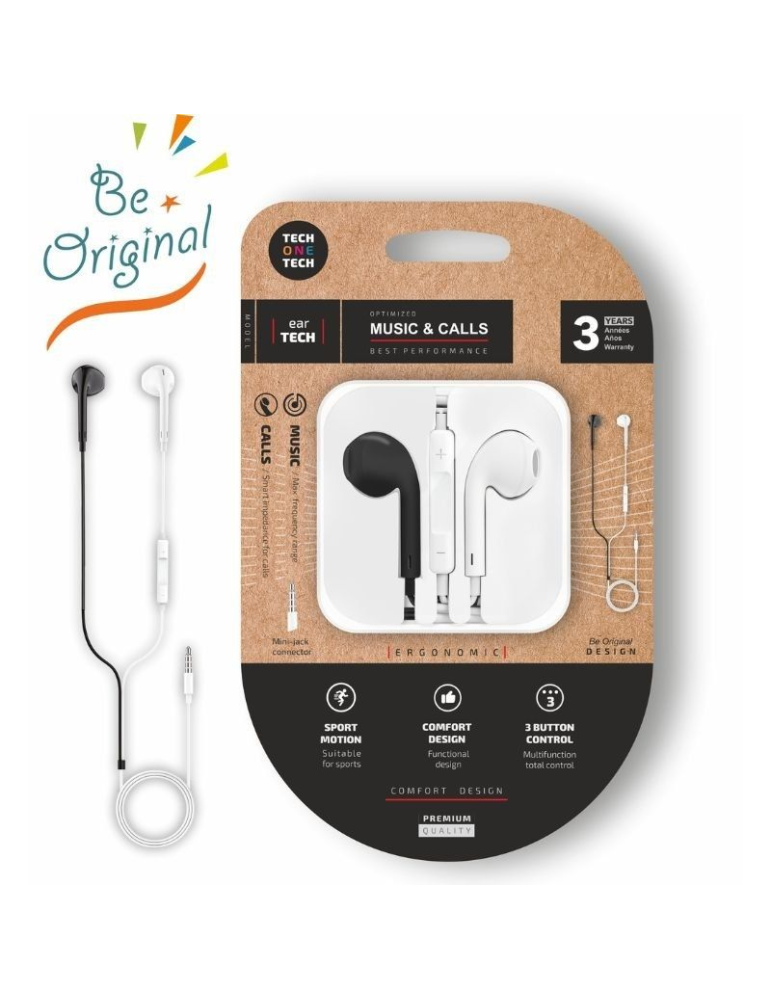 Auriculares Intrauditivos Tech One Tech earTECH B&W Be Original TEC1011/ con Micrófono/ Mini Jack 3.5/ Blanco y Negro