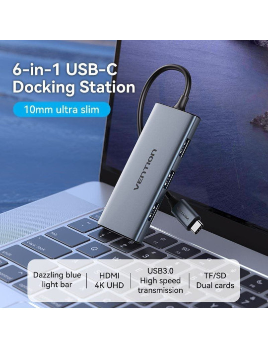 Docking USB Tipo-C Vention TOOHB/ 1xHDMI 4K/ 3xUSB/ 1xLector Tarjetas/ Gris