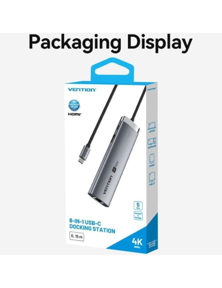 Docking USB Tipo-C Vention TGUHB/ RJ45/ 2xUSB/ 1xUSB Tipo-C/ 1xHDMI/ 1xUSB Tipo-C PD/ 1xLector de Tarjetas/ Gris