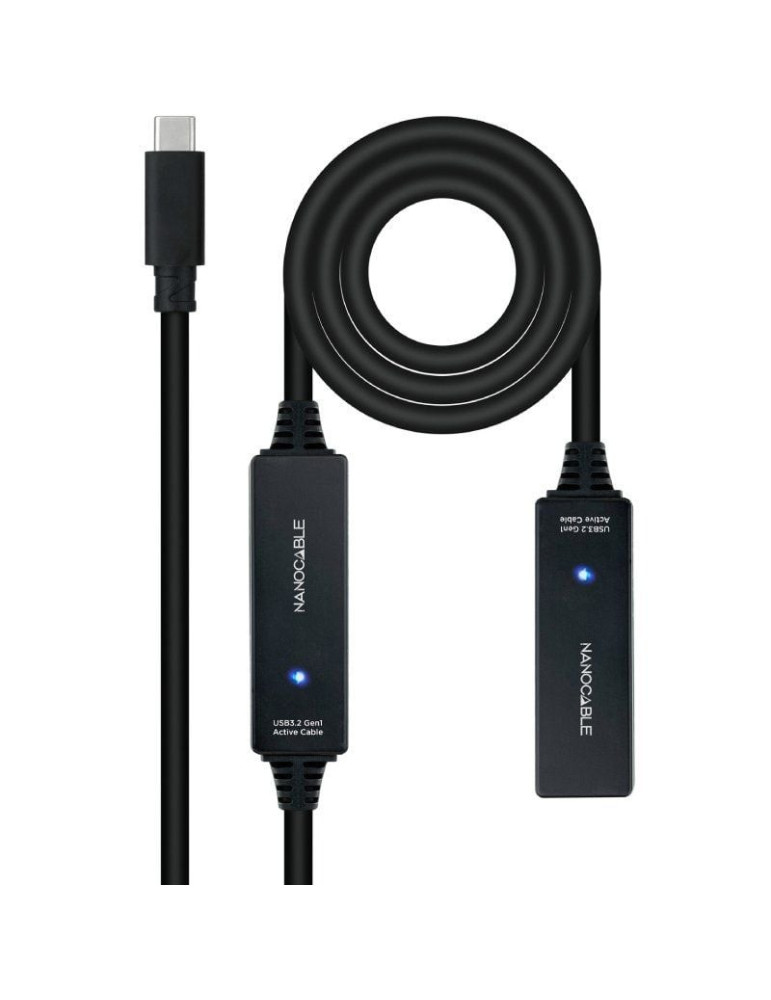Cable Alargador USB Tipo-C 3.2 con Amplificador Nanocable 10.01.1312/ USB Tipo-C Macho - USB Tipo-C Hembra/ 10m/ Negro