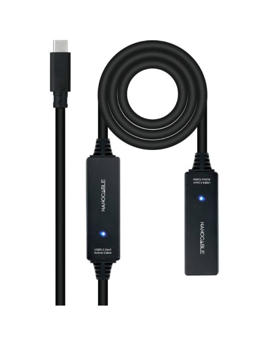 Cable Alargador USB Tipo-C 3.2 con Amplificador Nanocable 10.01.1312/ USB Tipo-C Macho - USB Tipo-C Hembra/ 10m/ Negro