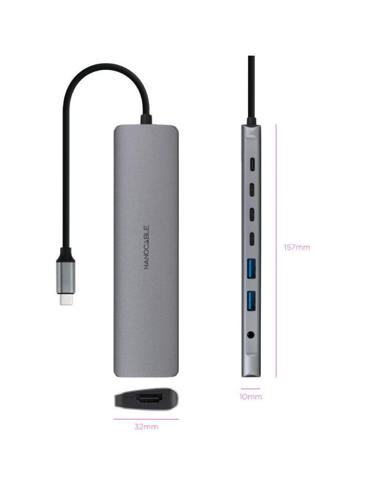 Docking Tipo-C Nanocable 10.16.4608/ 2xUSB/ 3xUSB Tipo-C/ 1xHDMI 4K/ 1xJack 3.5/ 1xUSB Tipo-C PD/ Gris