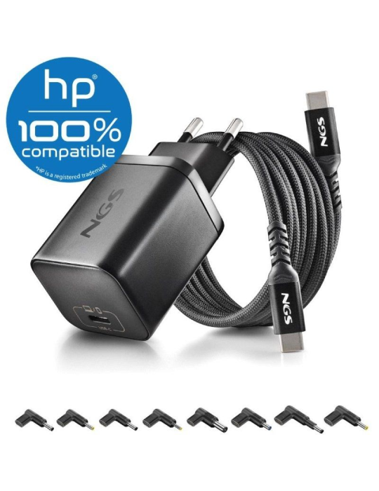 Cargador GaN de Portátil NGS BUD65W-H para HP/ 1xUSB Tipo-C/ 65W/ Automático/ 8 Conectores/ Voltaje 5-20V