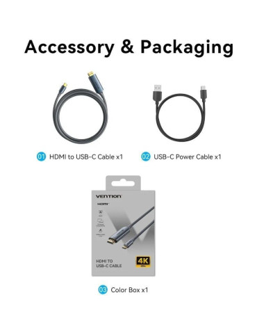 Cable Conversor HDMI 2.0 4K Vention ABLHG/ USB Tipo-C Macho - HDMI Macho/ USB Tipo-C PD 1.5m/ Gris 2