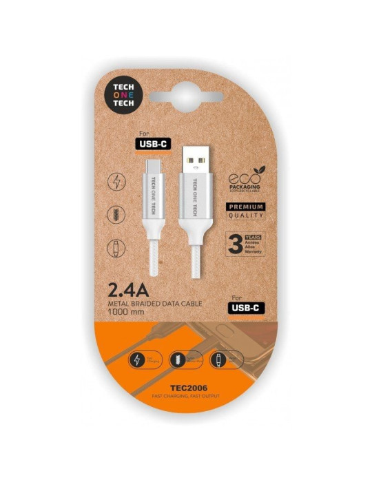 Cable USB 2.0 Tech One Tech TEC2006/ USB Tipo-C Macho - USB Macho/ 480Mbps/ 1m/ Blanco