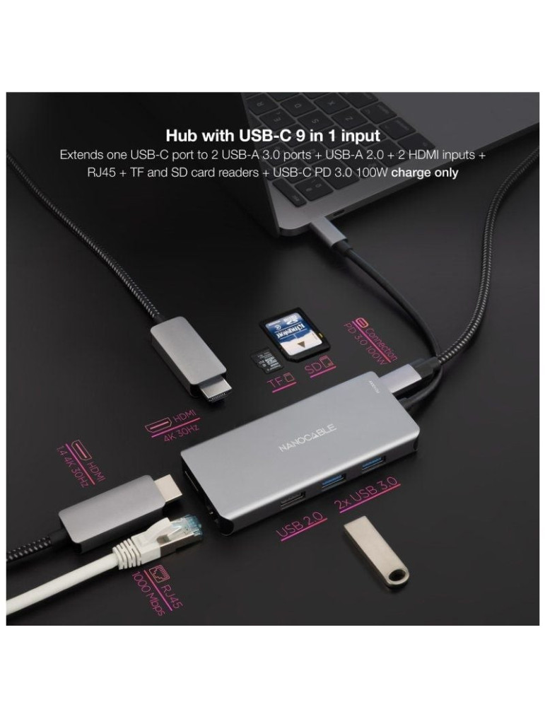 Docking Tipo-C Nanocable 10.16.1009/ 3xUSB/ 2xHDMI 4K/ 1xRJ45/ 1xLector tarjetas/ 1xUSB Tipo-C PD/ Gris