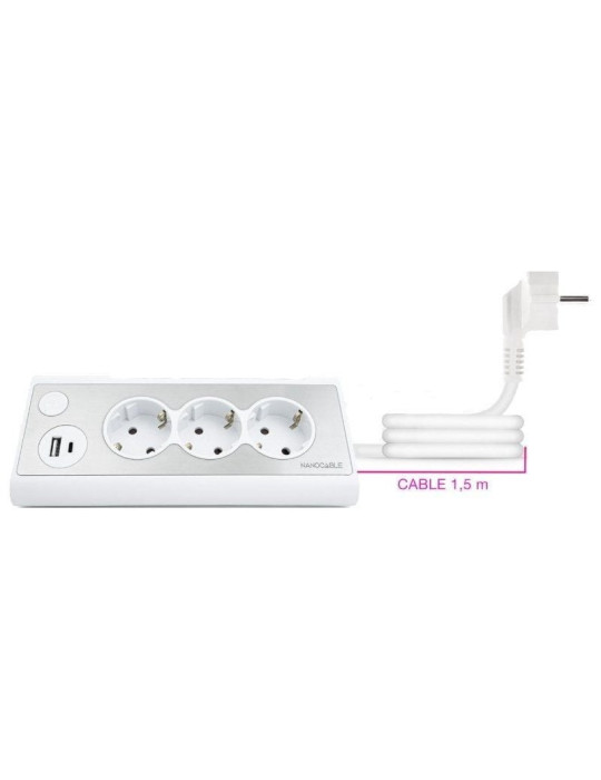Regleta con Interruptor Nanocable 10.37.0013-W/ 3 Tomas de Corriente/ 1 USB/ 1 USB Tipo-C/ Cable 1.5m/ Blanca