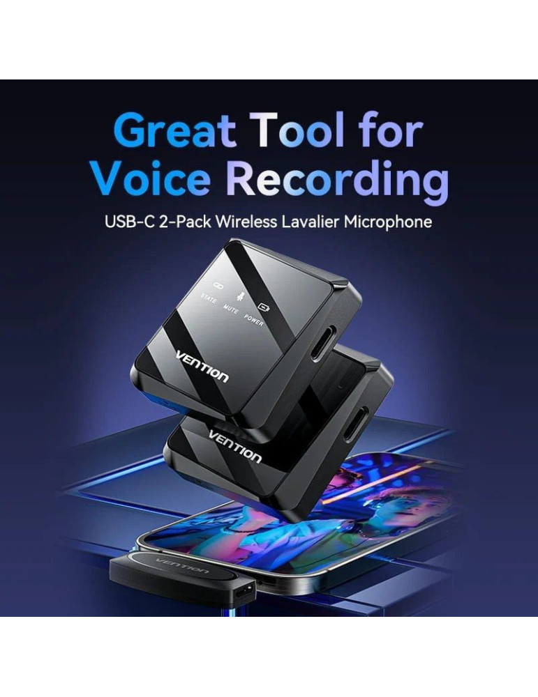 Micrófono Inalámbrico con Clip Vention NCBB0/ USB Tipo-C/ Incluye Receptor/ 2 unidades