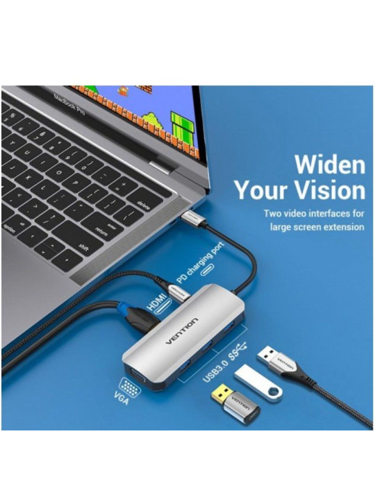 Docking USB Tipo-C Vention TOIHB/ 1xHDMI 4K/ 1xVGA/ 3xUSB/ 1xUSB Tipo-C PD/ Gris