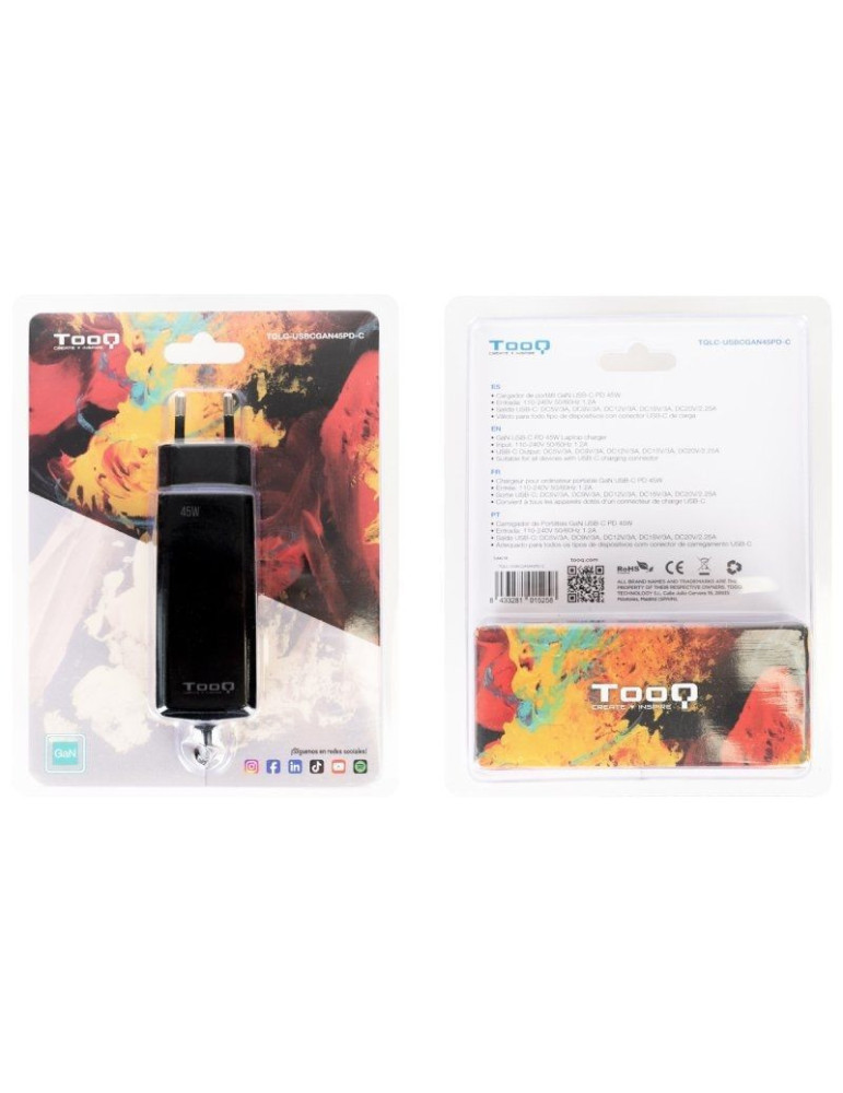 Cargador de Portátil GaN TooQ TQLC-USBCGAN100PD-C USB Tipo-C/ 45W/ Automático/ Voltaje 5-20V