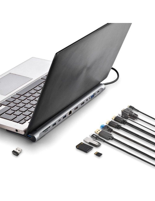 Docking USB Tipo-C NGS WonderDock12/ 3xUSB/ 2xHDMI 4K/ 1xVGA/ 1xRJ45/ 1xLector de Tarjetas/ 1xJack 3.5/ 1xUSB Tipo-C PD/ Gris