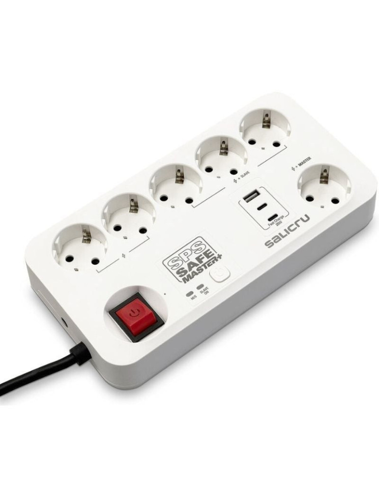 Regleta con interruptor Salicru SAFE MASTER+/ 5 Tomas de corriente/ 1 Master/ 2 USB Tipo-C/ 1 USB/ Cable 1.4m/ Blanca