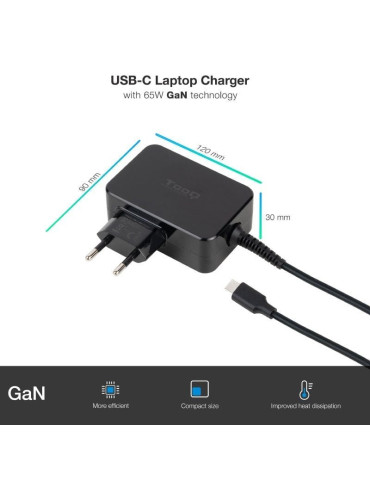 Cargador de Portátil GaN TooQ TQLC-USBCGAN65PD USB Tipo-C/ 65W/ Automático/ Voltaje 5-20V 2