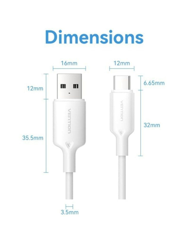 Cable USB 2.0 Tipo-C Vention CTQWH/ USB Tipo-C Macho - USB Macho/ Hasta 60W/ 480Mbps/ 2m/ Blanco