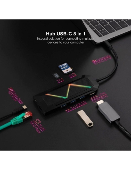 Docking USB Tipo-C Nanocable 10.16.0801/ 3xUSB/ 1xUSB Tipo-C PD/ 1xHDMI/ 1xRJ45/ 1xLector Tarjetas SD TF