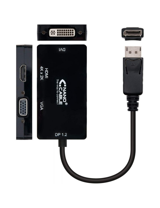 Cable Conversor Nanocable 10.16.3301-BK/ Displayport Macho - VGA Hembra/ DVI Hembra/ HDMI Hembra/ 15cm/ Negro