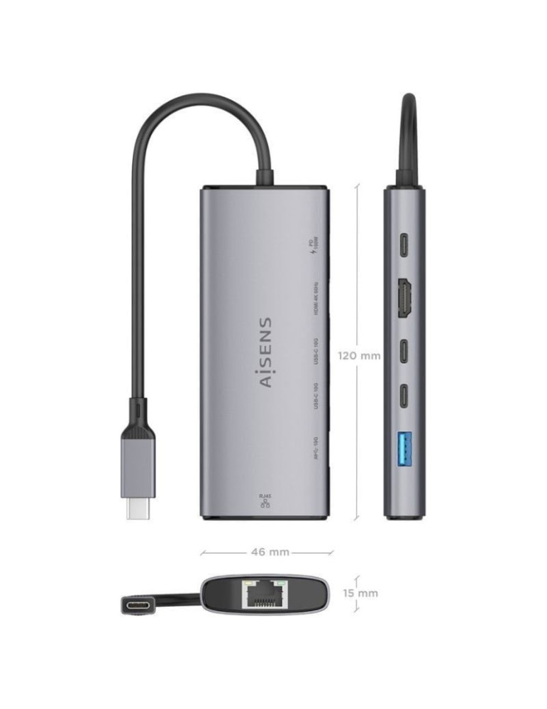 Docking USB Tipo-C Aisens ASUC-6P030-GR/ 1xHDMI 4K/ 1xUSB/ 2xUSB Tipo-C/ 1xRJ45/ 1xUSB Tipo-C PD/ Gris