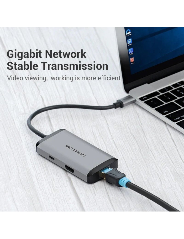 Docking USB Tipo-C Vention CNCHB/ 1xHDMI 4K/ 3xUSB/ 1xUSB Tipo-C PD/ 1xRJ45/ Gris