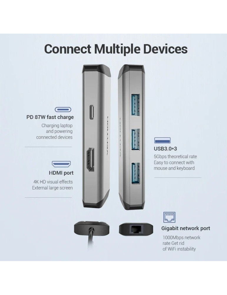Docking USB Tipo-C Vention CNCHB/ 1xHDMI 4K/ 3xUSB/ 1xUSB Tipo-C PD/ 1xRJ45/ Gris