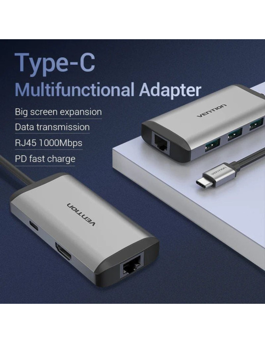 Docking USB Tipo-C Vention CNCHB/ 1xHDMI 4K/ 3xUSB/ 1xUSB Tipo-C PD/ 1xRJ45/ Gris