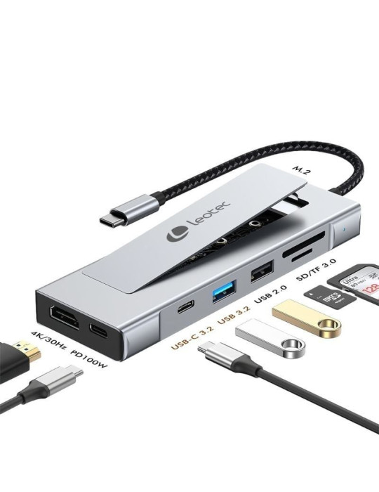 Docking USB Tipo-C Leotec LEDS07/ Ranura SSD M.2/ 2xUSB/ 1xUSB Tipo-C/ 1xHDMI 4K/ 1xLector Tarjetas SD y MicroSD/ 1xUSB Tipo-C P