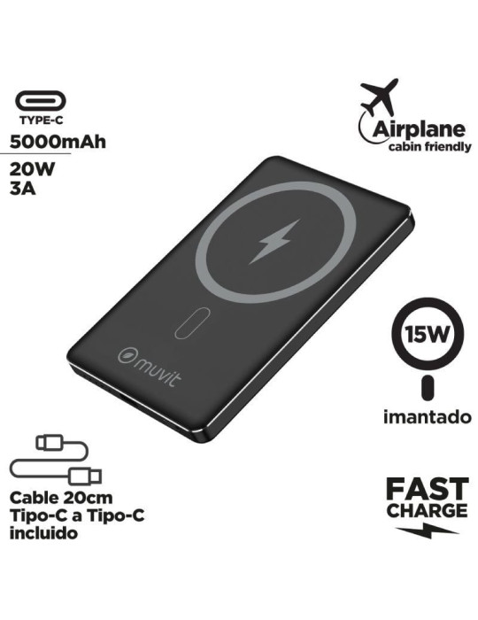 Powerbank 5000mAh Muvit For Change MCCHP0009/ 20W/ Wireless/ Negra/ Incluye Cable USB Tipo-C