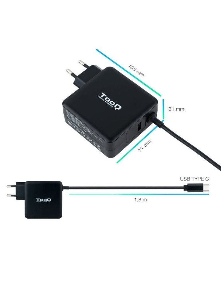 Cargador de Portátil TooQ TQLC-USBC65PD USB Tipo-C/ 65W/ Automático/ Voltaje 5-20V