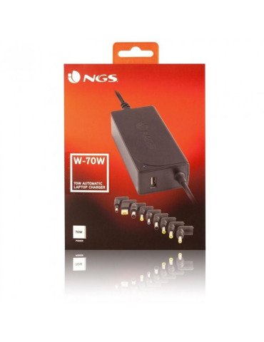 Cargador de Portátil NGS W-70W/ 70W/ Automático/ 9 Conectores/ Voltaje 18.5-20V/ 1 USB 2