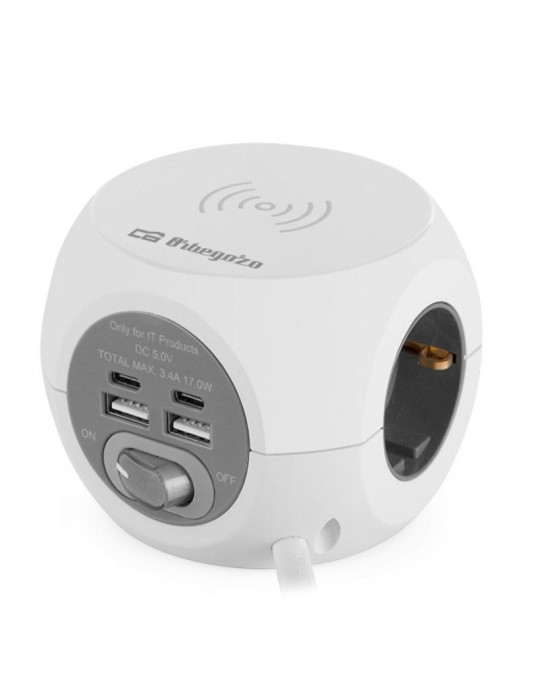 Regleta Orbegozo EN 4500 con Carga inalámbrica/ 3 Tomas de corriente/ 2 USB - 2 USB Tipo C/ Cable 1.5m/ Blanca y Gris