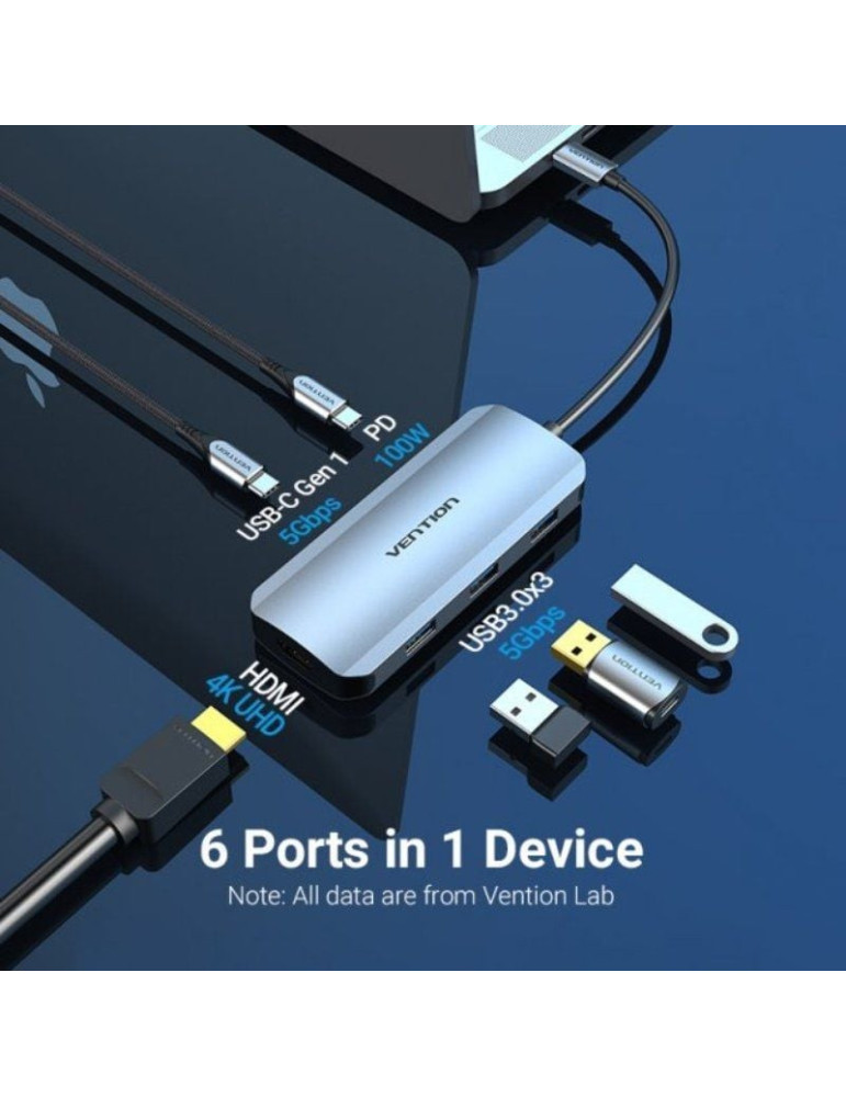 Docking USB Tipo-C Vention TOFHB/ 1xHDMI/ 3xUSB/ 1xUSB Tipo-C/ 1xUSB Tipo-C PD/ Gris