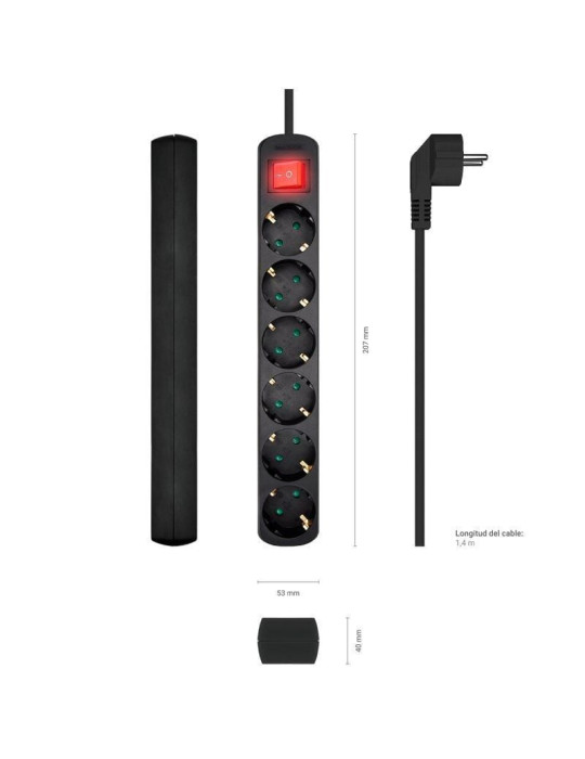Regleta con Interruptor Aisens A154-0536/ 6 Tomas de Corriente/ Cable 1.4m/ Negro