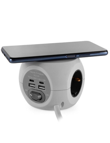 Regleta Orbegozo EN 4500 con Carga inalámbrica/ 3 Tomas de corriente/ 2 USB - 2 USB Tipo C/ Cable 1.5m/ Blanca y Gris 2